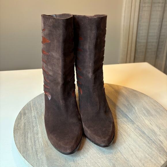 Andrea Pfister Vintage Italy Brown Suede Leather Cutout Flame Boots 38 US 8 - Picture 4 of 9
